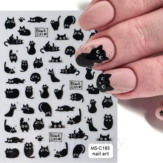 Black Cat Nail Stickers 3D Cartoon Self-Adhesive Nail Art Decals Manicure Accessories