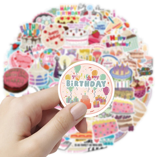 50/100Pcs Cake Happy Birthday Stickers DIY Bike Travel Luggage Guitar Laptop Waterproof Cool Graffiti Sticker Decals Kid Toys