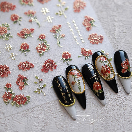 Chinese Peony Rose Nail Art Stickers Decals