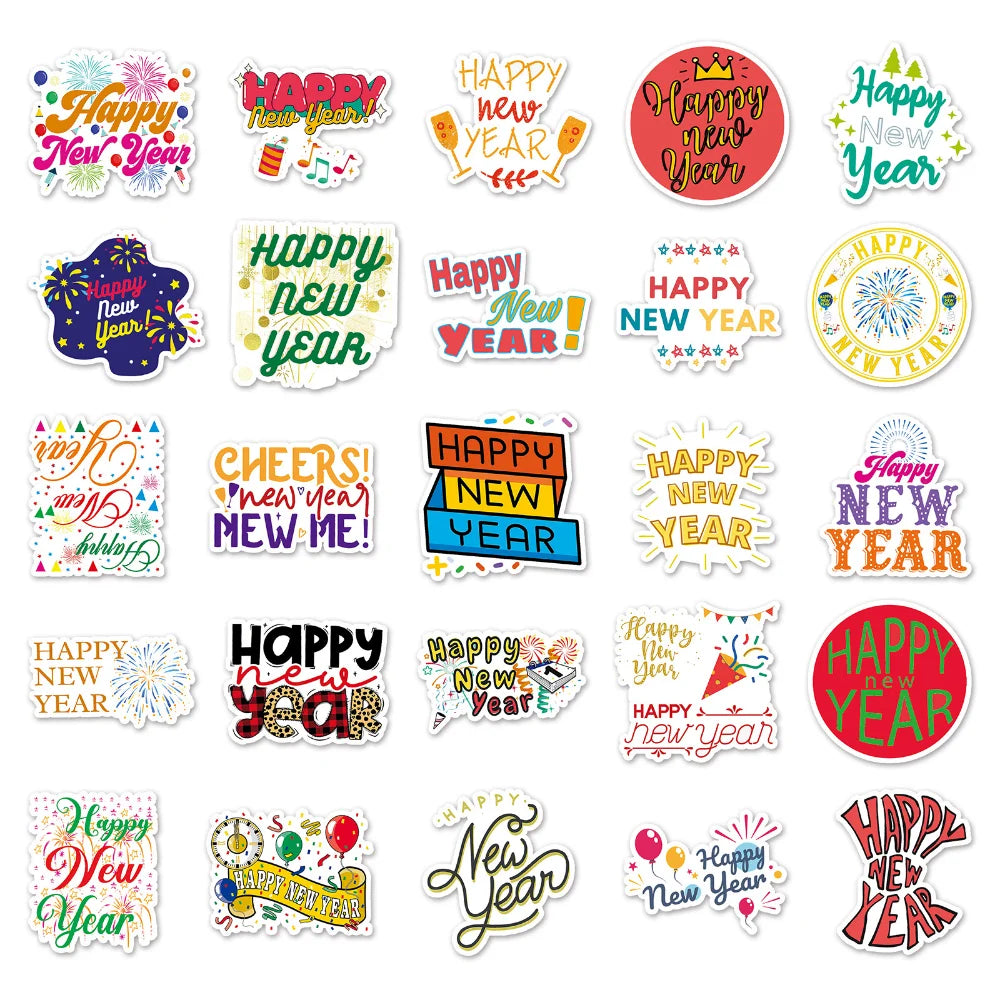 50PCS Cute Happy New Year Stickers DIY Scrapbook Diary Stationery Luggage Decorative Cartoon Sticker Kids Toys