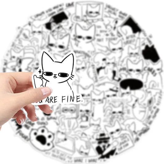 Kawaii Cat Stickers Black White Cartoon Decals for Luggage Laptop Phone Guitar Car Bike Skateboard