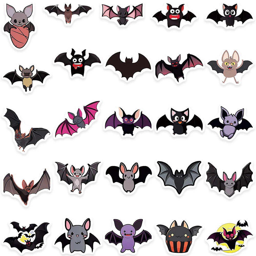 50pcs Cute Cartoon Bats Animal Graffiti Stickers For Laptop Phone Guitar Luggage Bicycle Car Waterproof Vinyl Decals