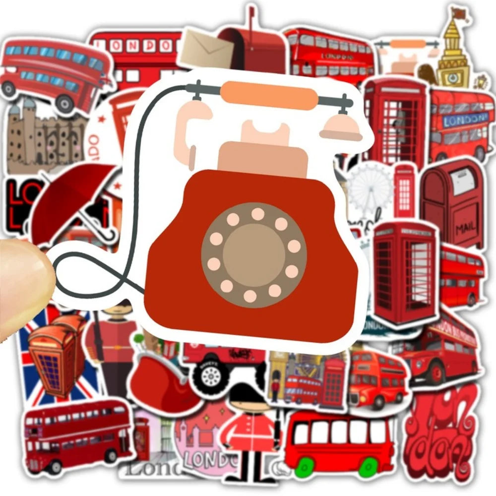 50Pcs/Lot Waterproof London Red Bus Telephone Booth PVC Stickers For Laptop Motorcycle Skateboard Luggage Decal Toy Sticker