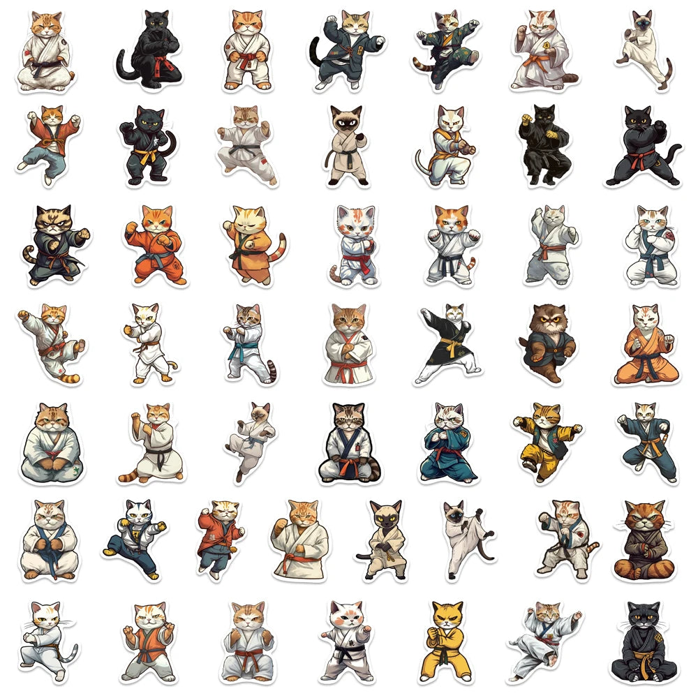 50PCS Kung Fu Cat Sticker Kawaii Cute Cartoon Decals DIY Skateboard Notebook Luggage Phone Fridge Bike PVC Car Laptop Toys