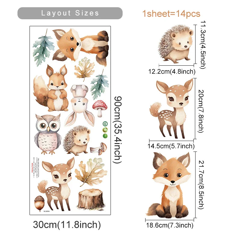 Cartoon Safari Animals Wall Stickers: Fox, Rabbit, Owl Nursery Decor