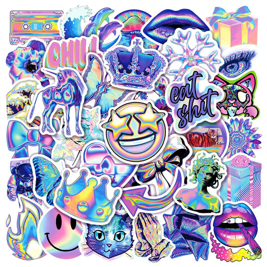 Holographic Laser Cartoon Stickers Decal Pack - Waterproof for Skateboard, Phone, Car, Motorcycle, Luggage