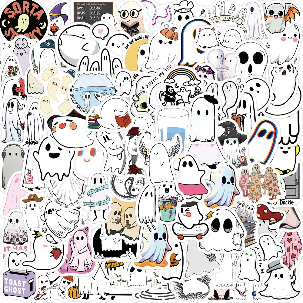 10/30/50/100PCS Cute Ghost Stickers Funny Cartoon Decals Halloween Toy For Kids Scrapbook Skateboard Notebook Fridge Decoration