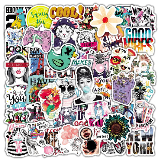 50pcs Cartoon Graffiti Stickers for Wall & Desktop Decoration with Storage Box