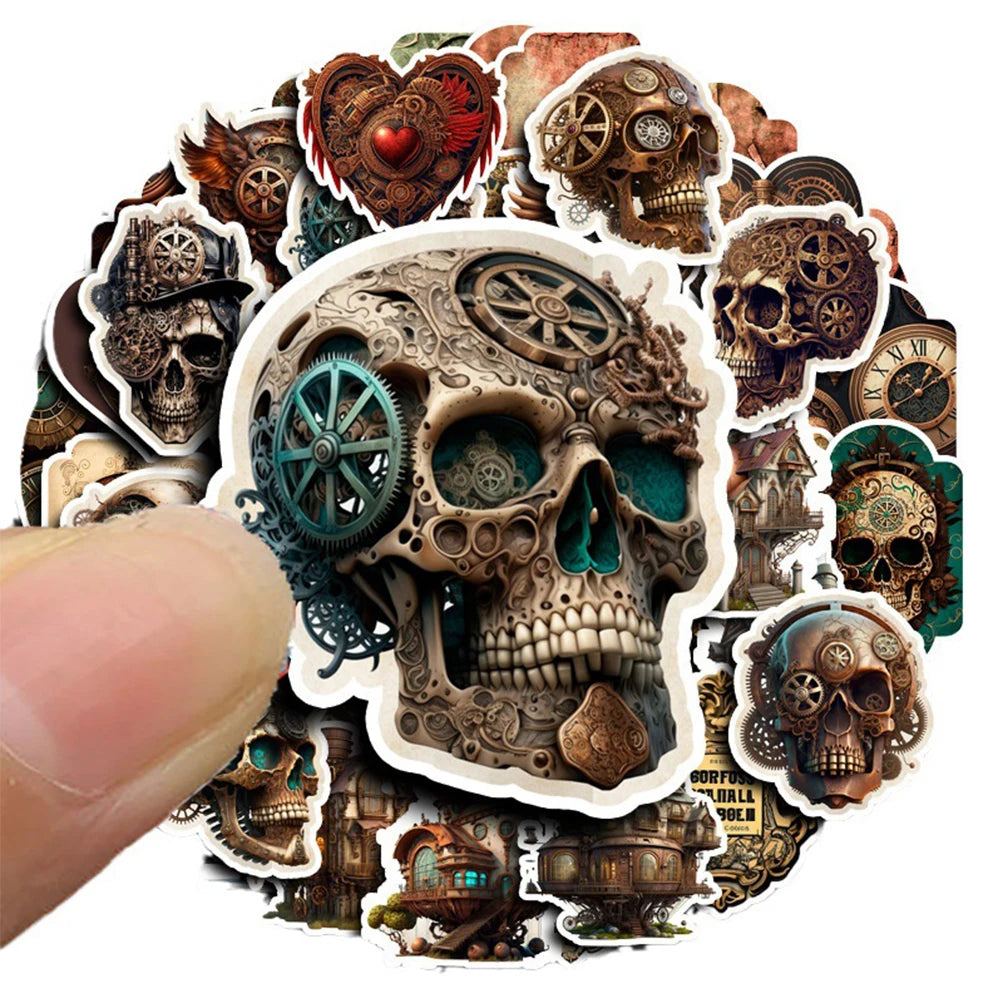 10/30/50pcs Vintage Steampunk Skull Collection Sticker Packs