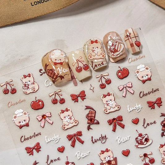 Bear Cake Nail Art Stickers Rhinestone Manicure Decals