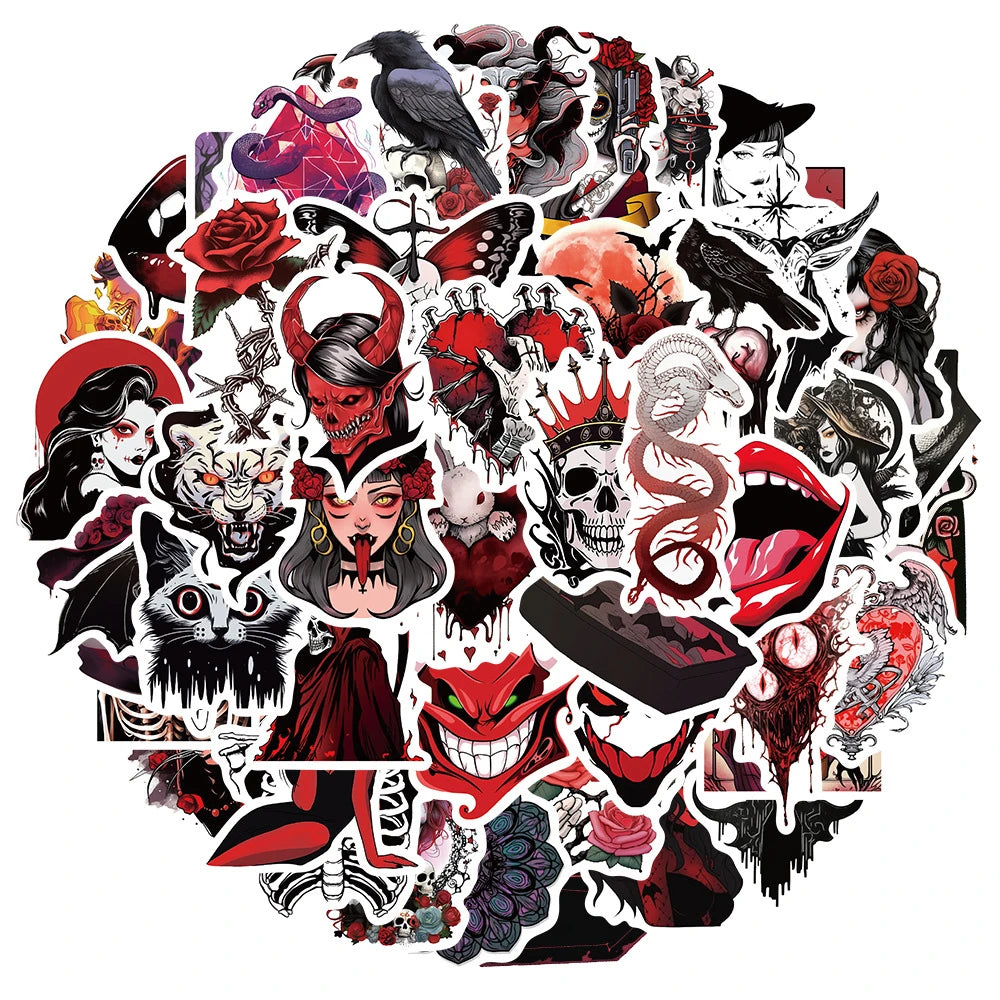 10/30/50pcs Art Red Cyberpunk Stickers Gothic Horror Graffiti Decal Skateboard Bike Laptop Scrapbooking Cool Cartoon Sticker Toy