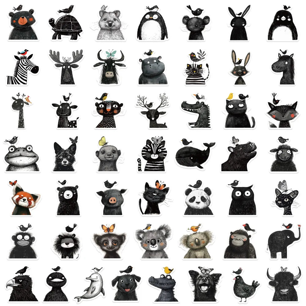 10/30/50PCS Black White Cartoon Stickers Animal Graffiti Decals DIY Luggage Laptop Phone Guitar Car Bike Skateboard Sticker Toy