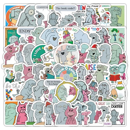 50pcs Elephant Piggie Cartoon Stickers for Luggage, Water Cup, Phone, Laptop, Scooter