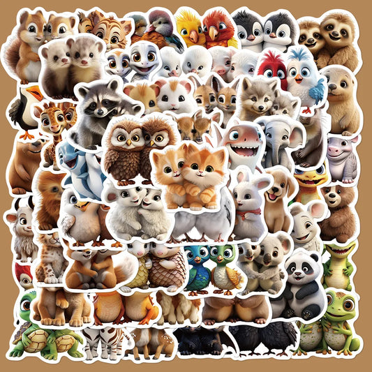55pcs Cute Twin Animal Graffiti Stickers for Helmet, Desktop, Wall Decoration, DIY