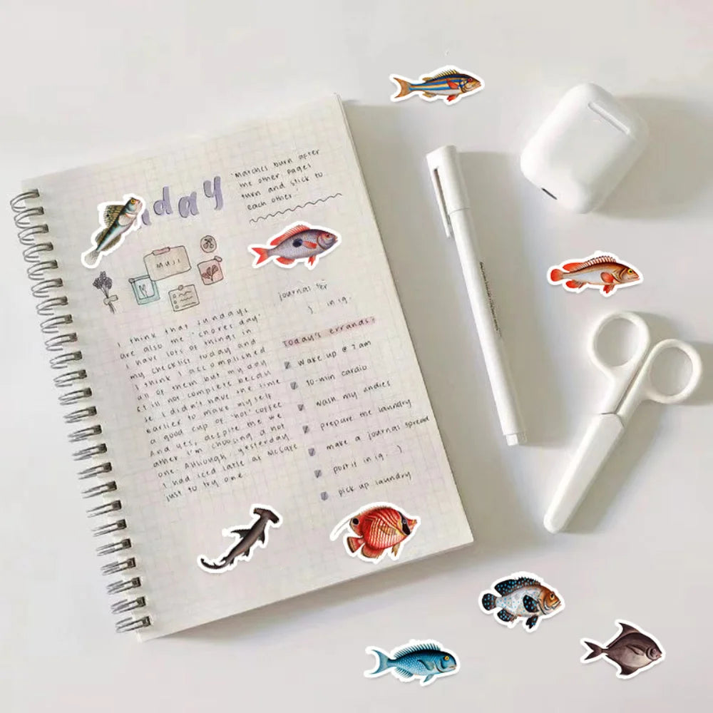 10/50Pcs Sea Fishes Animal Stickers Ocean World Plants Coral Jellyfish Cute Cartoon Waterproof Sticker Kids DIY Scrapbook Decals