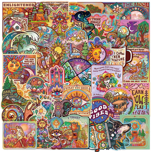 10/50PCS Vintage Hippie Style Camping Hiking Travel Stickers DIY Luggage Water Bottle Phone Notebook Waterproof Graffiti Sticker