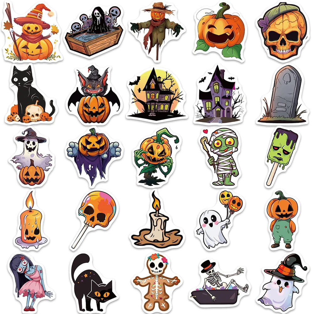 10/30/50pcs Cute Hallowmas Horror Skull Cartoon Stickers Decals Kids Toy Laptop Suitcase Phone Car Skateboard Waterproof Sticker