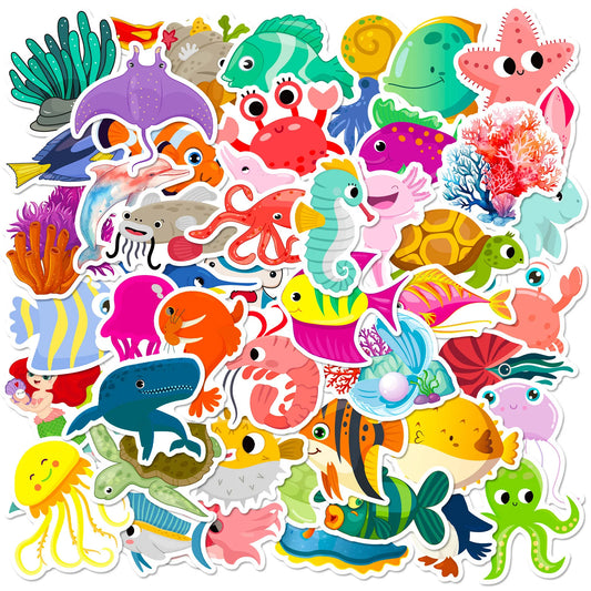 50Pcs Cartoon Aquarium Marine Life Stickers for Helmet, Wall, DIY Decoration