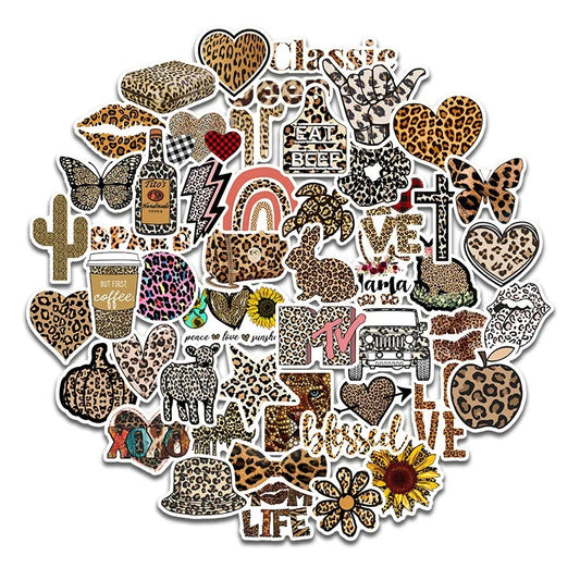 50pcs Leopard Print Cartoon Stickers for Laptop, Phone, Scooter, Suitcase, Stationery, Refrigerator