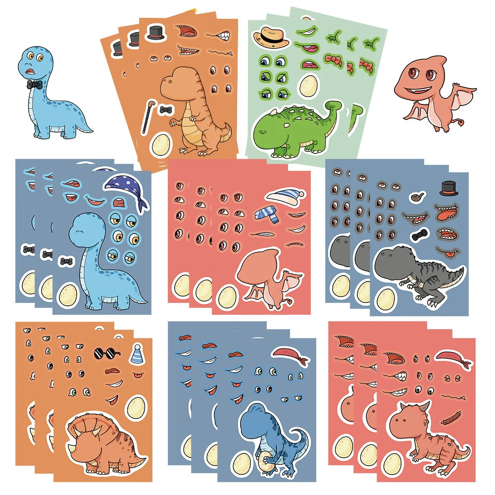 8/16Sheets Cute Dinosaur Puzzle Stickers Make-a-Face Games Toy Create Your Own DIY Funny Cartonn Assemble Jigsaw Children Gift