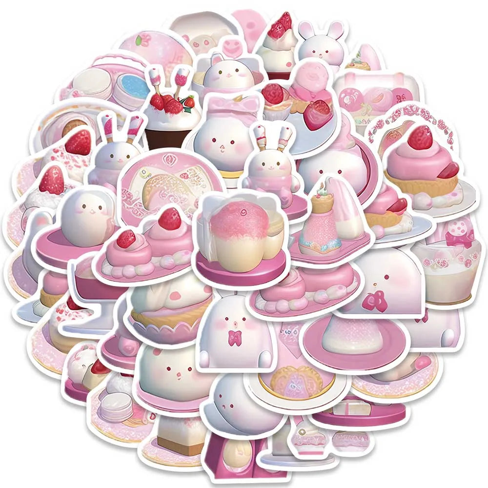 49pcs Cute Cartoon Pink Pudding Rabbits Stickers Vinyl Laptop Decals Luggage Phone Guitar Skateboard Waterproof Graffiti