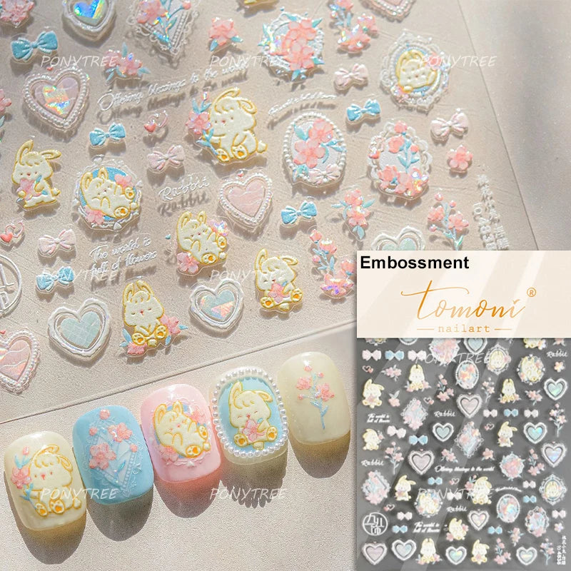5D Cat Rabbit Flower Nail Art Stickers Decals