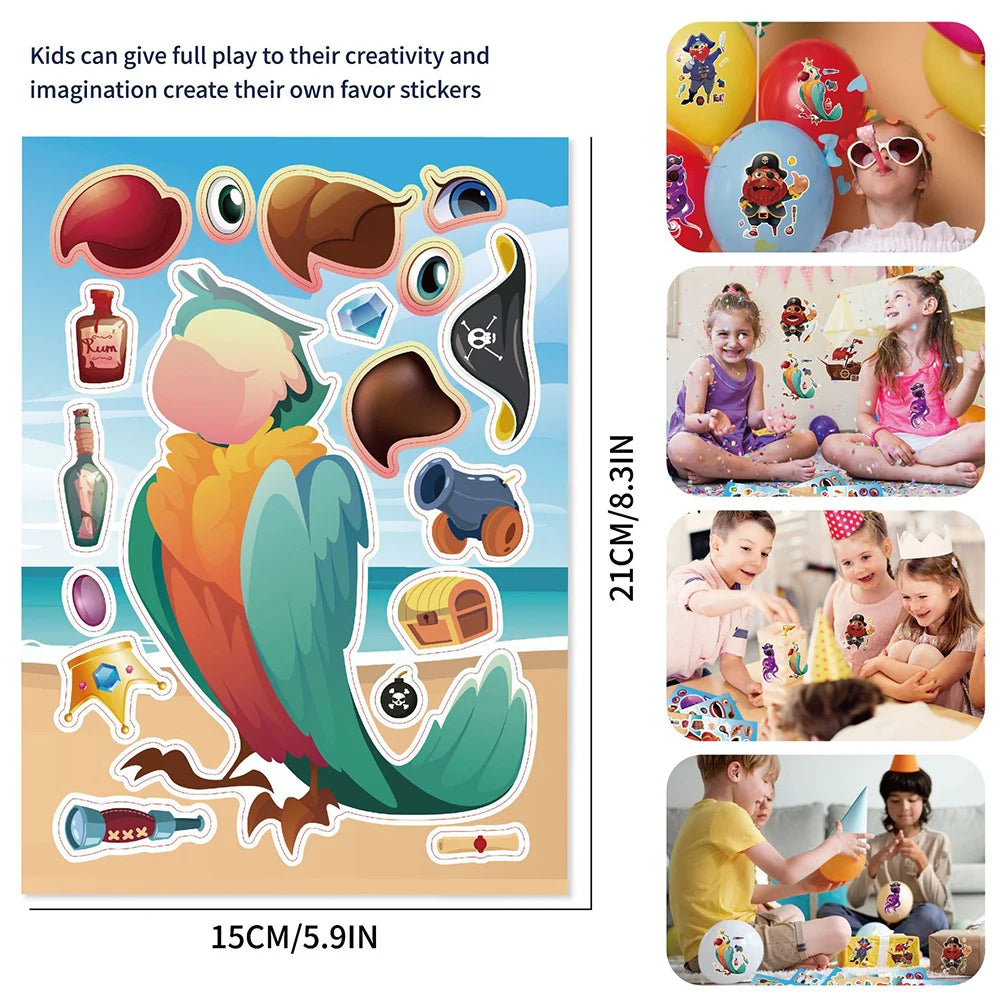 8/16Sheets Cool Pirate Ship Puzzle Stickers Make-a-Face Children Assemble Jigsaw Funny Kids Toy Game Kids Educational Party Gift