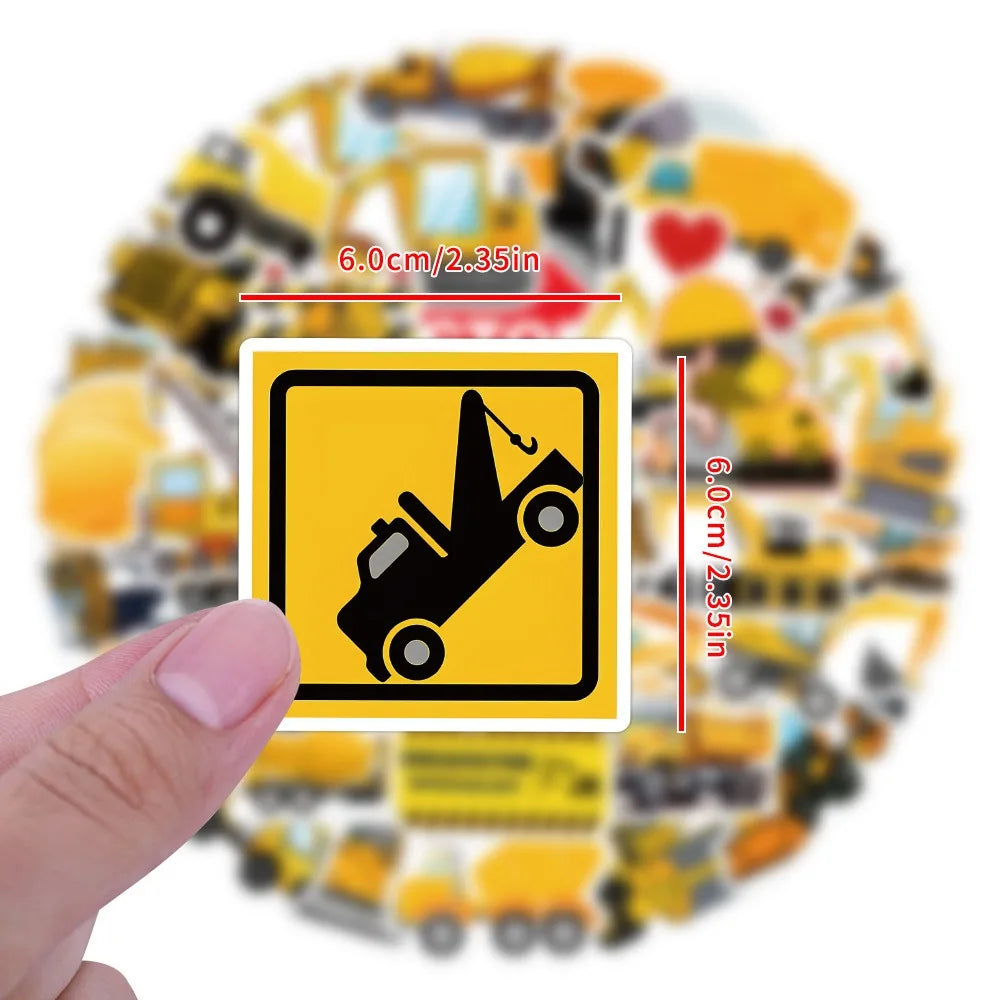 10/55Pcs Cartoon Large Mechanical Vehicle Excavator Construction Truck Waterproof Creative Tractor Bulldozer Graffiti Toy Decals