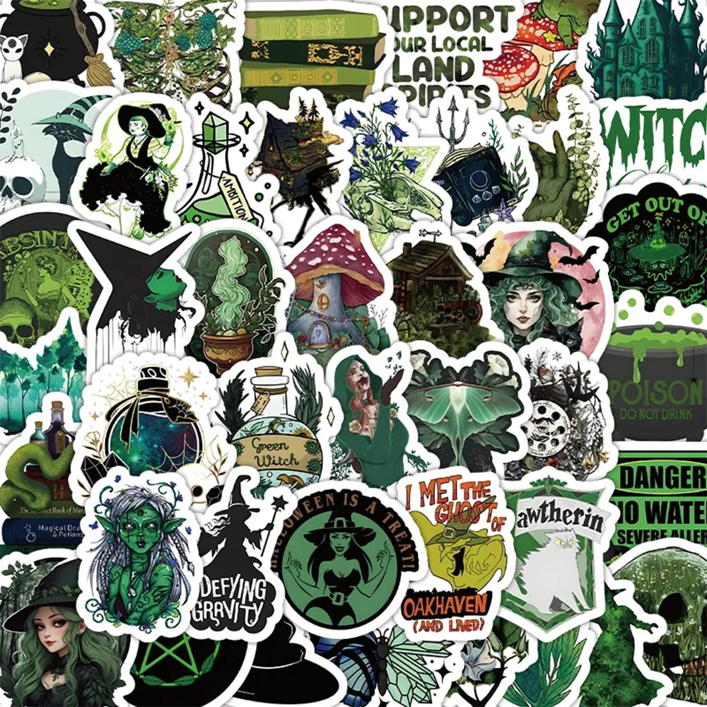 10/30/50/100pcs Cool Gothic Green Magic Witch Sticker Waterproof Anime Decal Phone Skateboard Motorcycle Laptop Car Cool Sticker