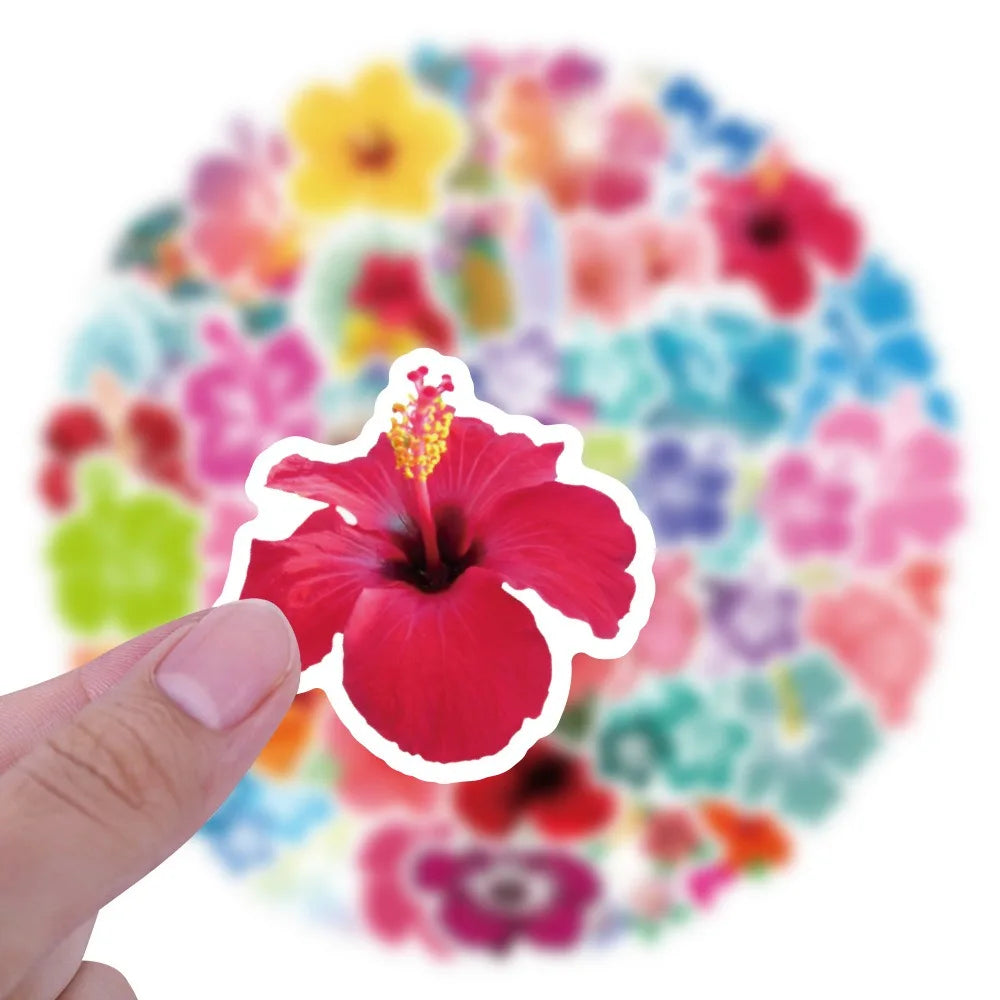 10/60pcs Vivid Hibiscus Flowers Cartoon Little Fresh Style Stickers Graffiti Decals for Laptop Guitar Suitcase Skateboard Kids