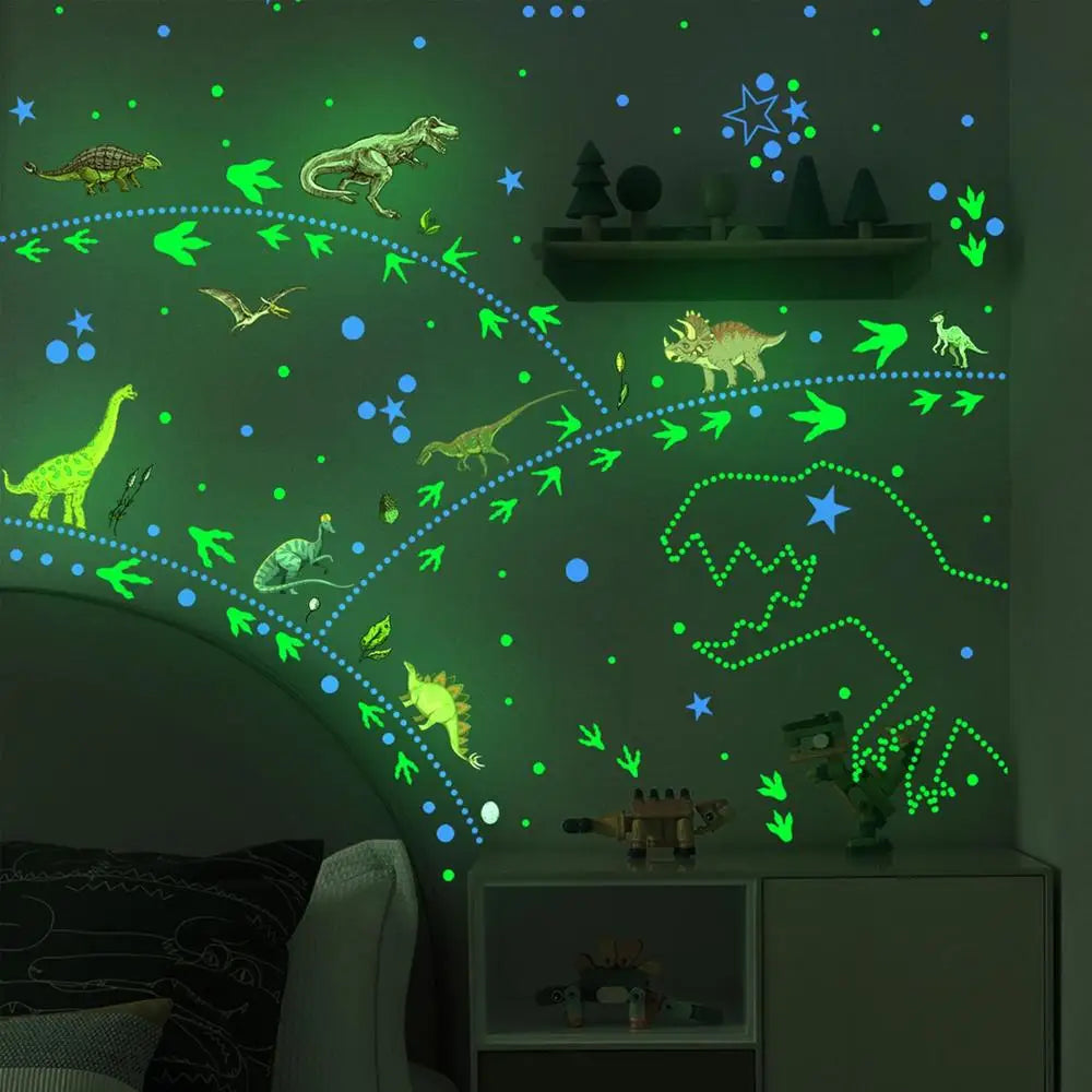 Green Light Luminous Dinosaur Wall Stickers Home Bedroom Kids Room Decoration Animal Fluorescent Decals Glow In The Dark Sticker