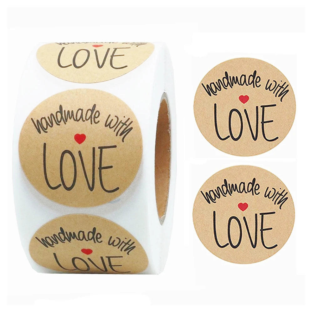 1Inch 100-500pcs Round Kraft Paper "handmade With love" Seal Sticker For Handmade Products Baking Products Sealing Sticker Label