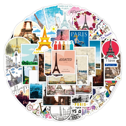 Eiffel Tower Stickers Pack: Motorcycle, Luggage, Guitar, Graffiti Decals
