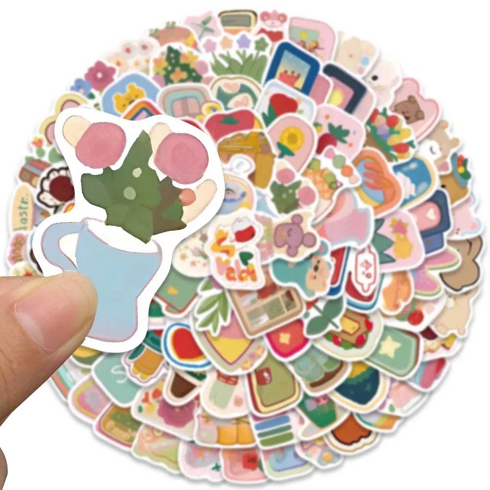 100pcs Cute Cartoon Colorful Flowers Animals Stickers Pack For Luggage Laptop Guitar Phone Waterproof Graffiti Bicycle Car Decal