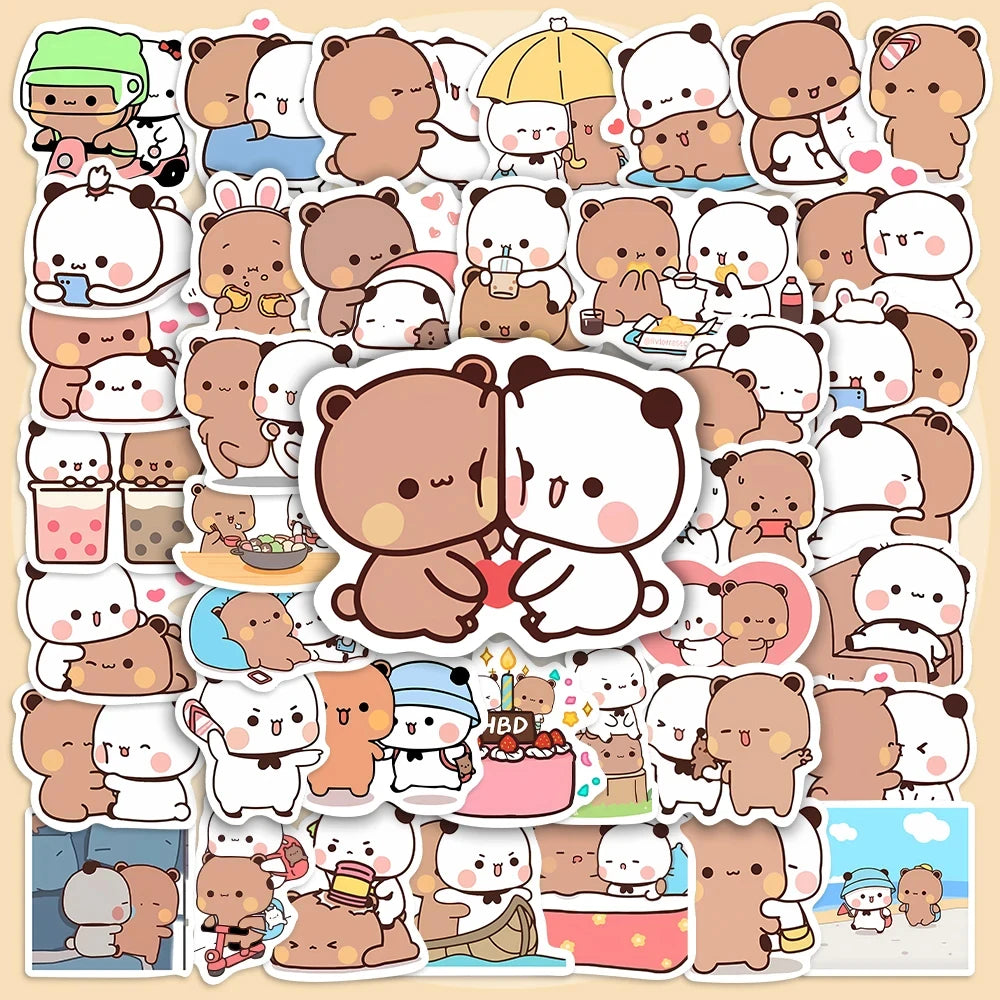 50sheets/set Bear Cute Bear and Panda Stickers PVC Waterproof Cartoon Bear and Panda Stickers Cartoon Panda Bubu Dudu Stickers