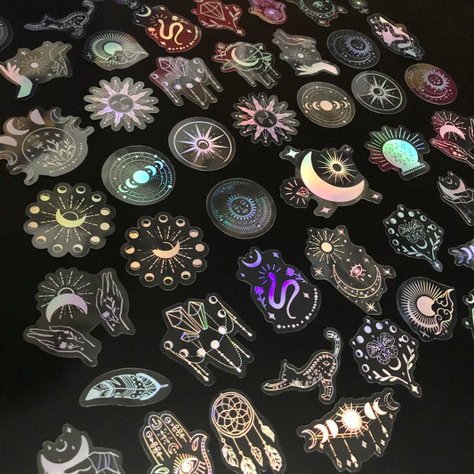 50pcs Holographic Glitter Stickers PET Transparent Shiny Waterproof Decorative Decals