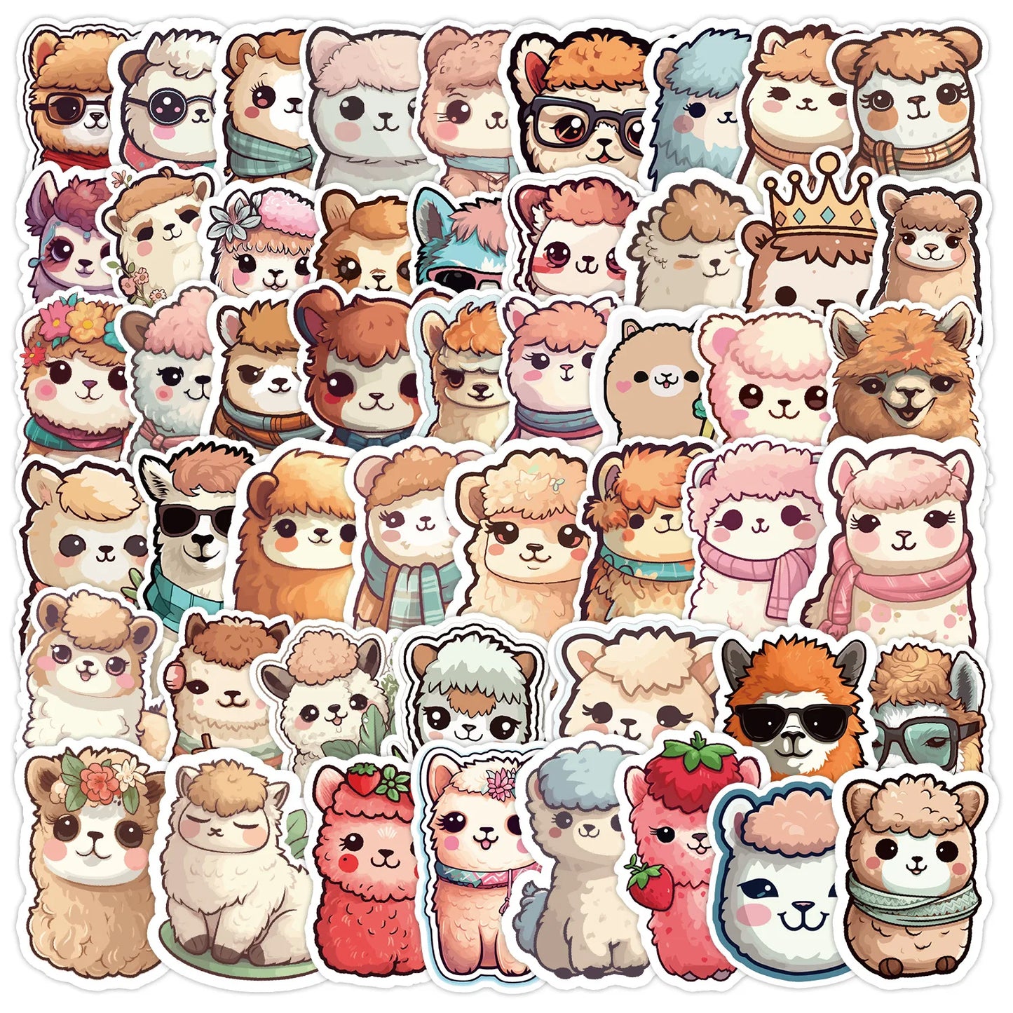 50pcs Cute Alpaca Cartoon Stickers for Helmet, Wall, DIY Decoration
