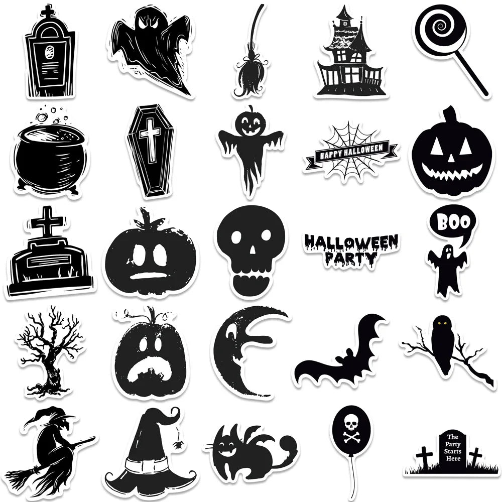 10/30/50PCS Horror Halloween Black Stickers Cute Ghost Decals DIY Wall Motorcycle Fridge Skateboard Phone Cartoon Sticker Toys