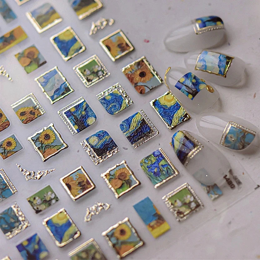 Sunflower Starry Night Nail Art Stickers with Rhinestones