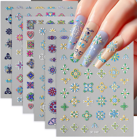 Boho 5D Floral Nail Stickers: Blue Yellow Abstract Decals