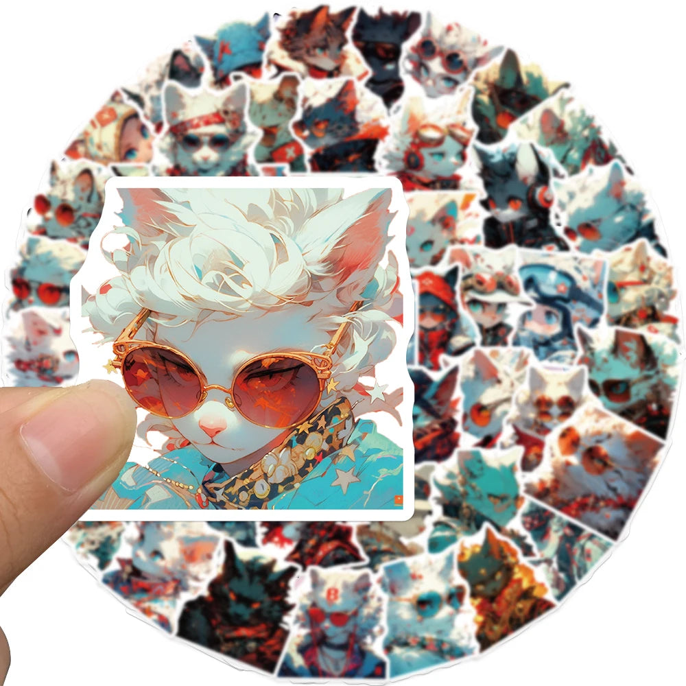 10/25/50PCS Cool Handsome Motorcycle Style Cat Sticker Waterproof PVC Cartoon Decoration Luggage Laptop Helmet Kid Gift Toy