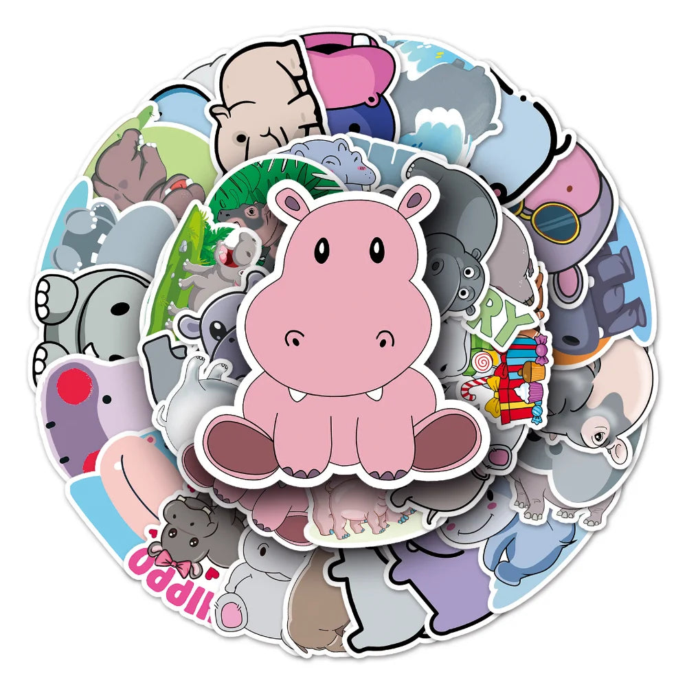 10/50PCS Cartoon Animal Hippo Sticker DIY Phone Laptop Luggage Skateboard Graffiti Decals Fun for Kid Toys