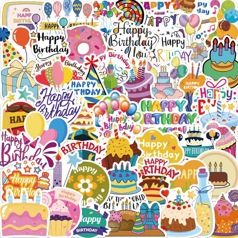 50pcs Birthday Graffiti Stickers for Laptop, Phone, Car, Scooter, Suitcase, Water Bottle, Stationery, Refrigerator Decoration