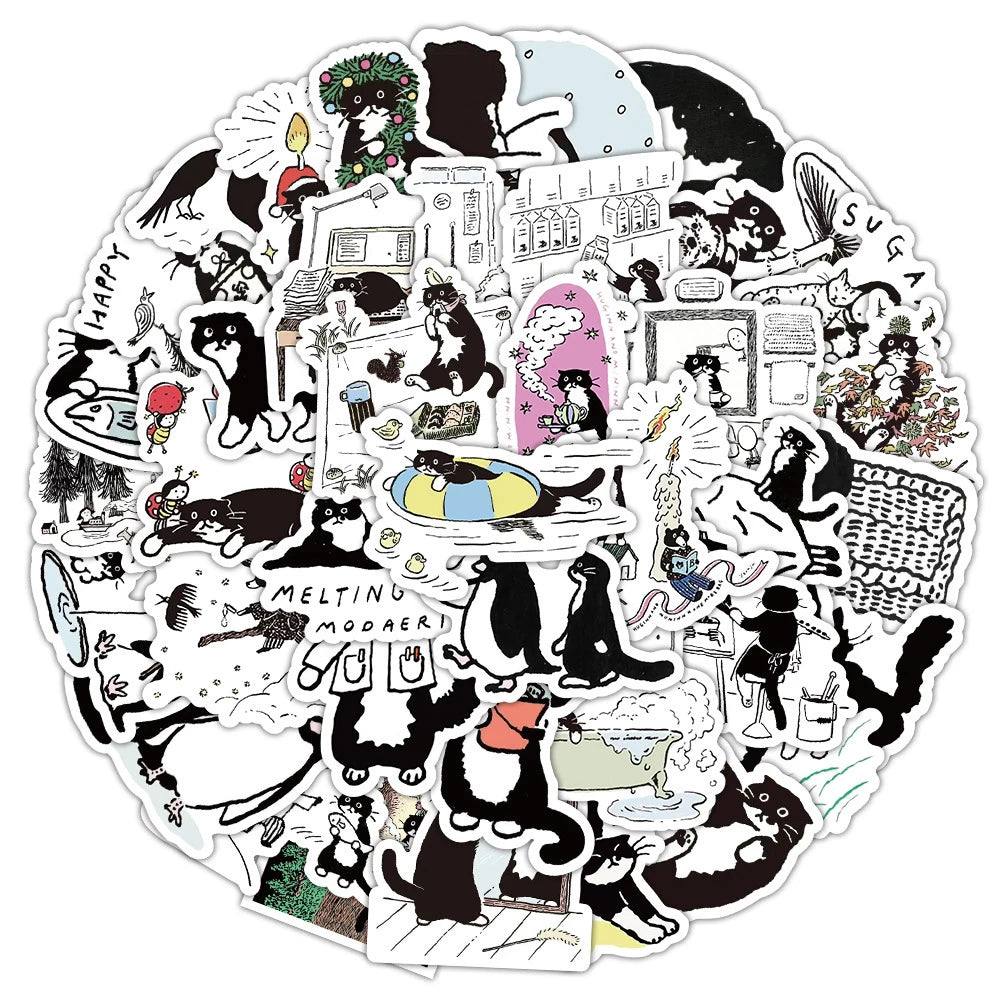 Black Cat Stickers Set - Cute Graffiti Decals for Laptop, Phone, Suitcase, Diary