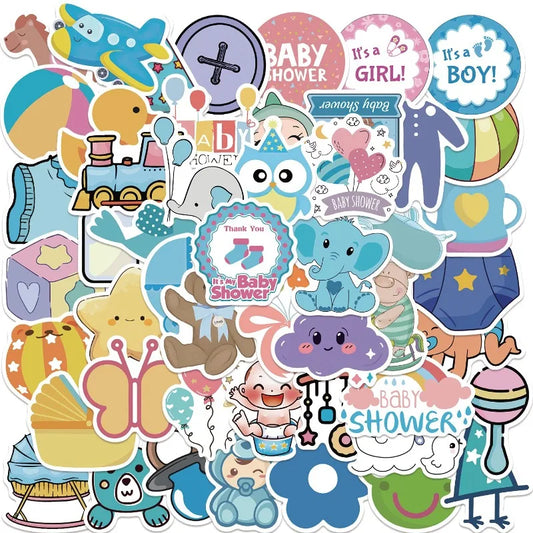 50pcs Baby Shower Cartoon Stickers for Suitcase, Water Cup, Phone, Car, Laptop, Refrigerator