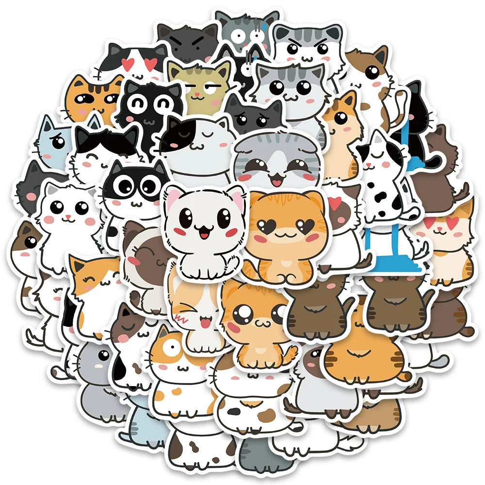 50pcs Funny Cute Cartoon Cats Meme Stickers Vinyl Laptop Phone Decals For Luggage Guitar Stationery Waterproof Graffiti Toy