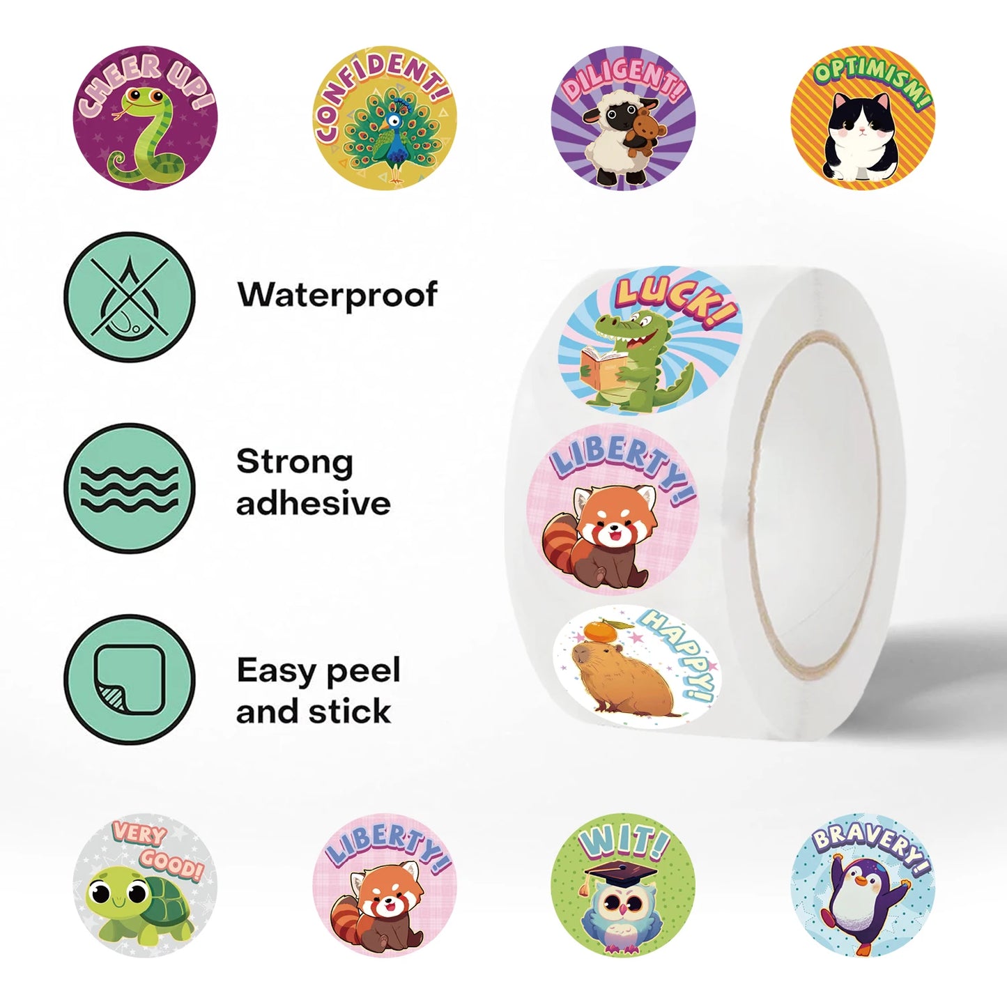 500PCS Animal Slogans Stickers Per Roll-Perfect for Children's Reward Laser Stickers Wall Crafts and Classroom Supplies