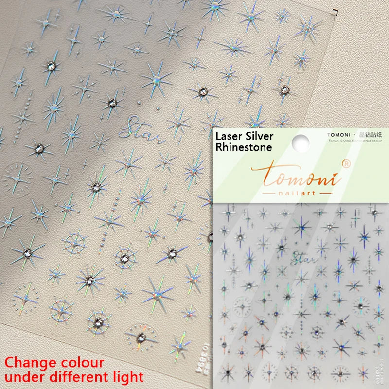 Pink Glitter Star Nail Art Stickers Rhinestones Decals