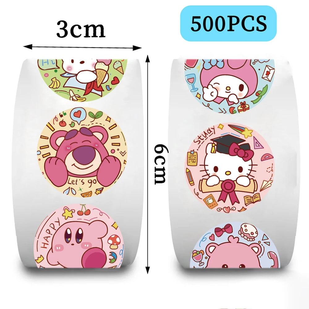 500pcs/Roll Cartoon Stickers Kawaii Kuromi Melody Diy Pvc Laptop Decals Decoration Stiker Kid Reward Gift Toy