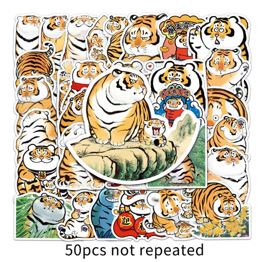 Fat Tiger Cartoon Stickers Pack - Cute Kawaii Animal Decals for Kids, Laptop, Car, Motorcycle